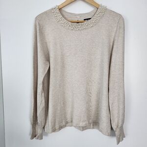 KARL‎ LAGERFELD Crewneck Cream Sweater Pearl Embellished Neckline Bow Back Large